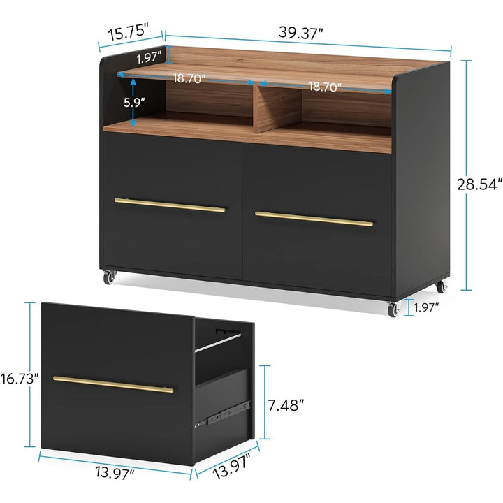 Tribesigns 2 Drawer File Cabinet Grey Wood Rolling Storage Home Office 39.37"W Image 3