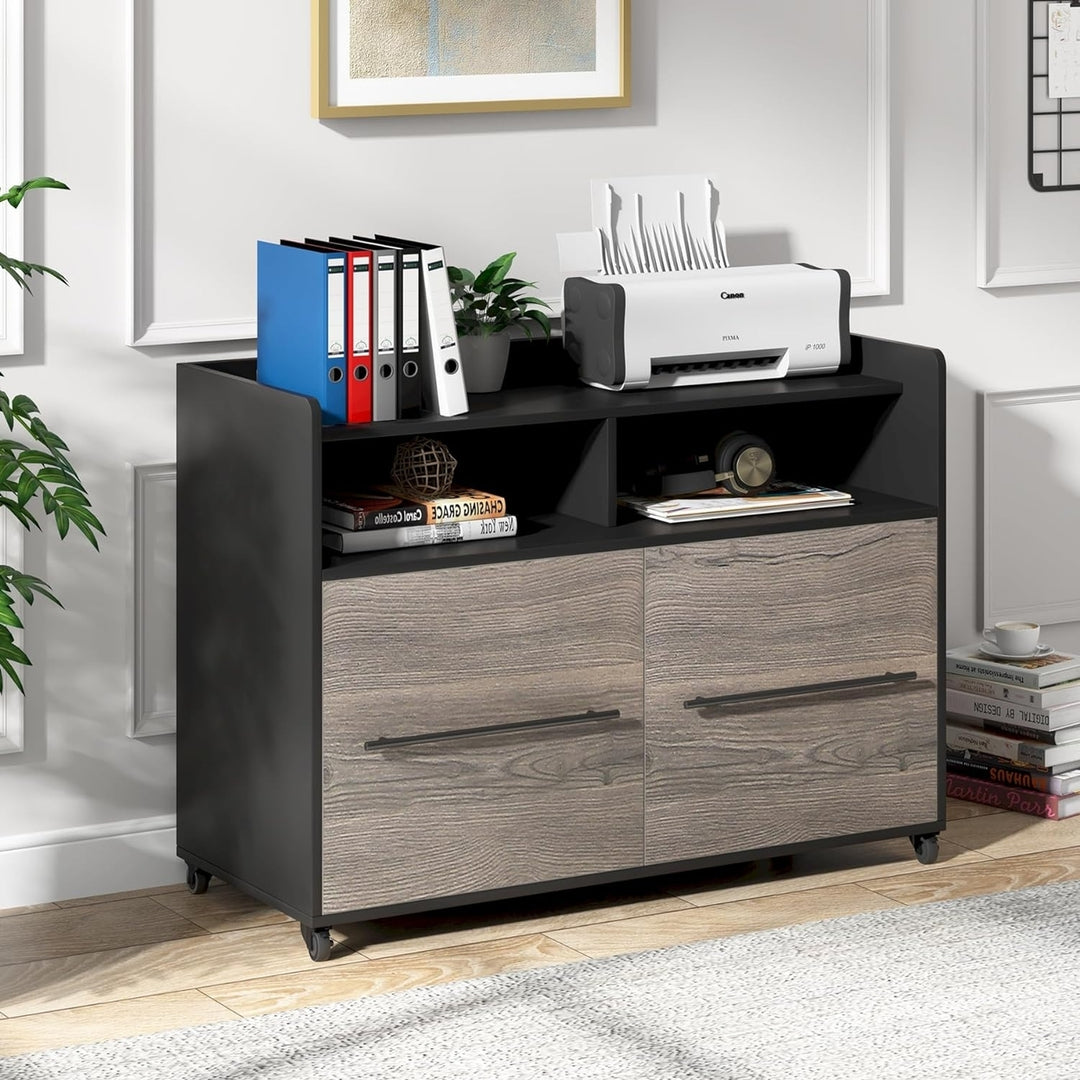 Tribesigns 2 Drawer File Cabinet Grey Wood Rolling Storage Home Office 39.37"W Image 4