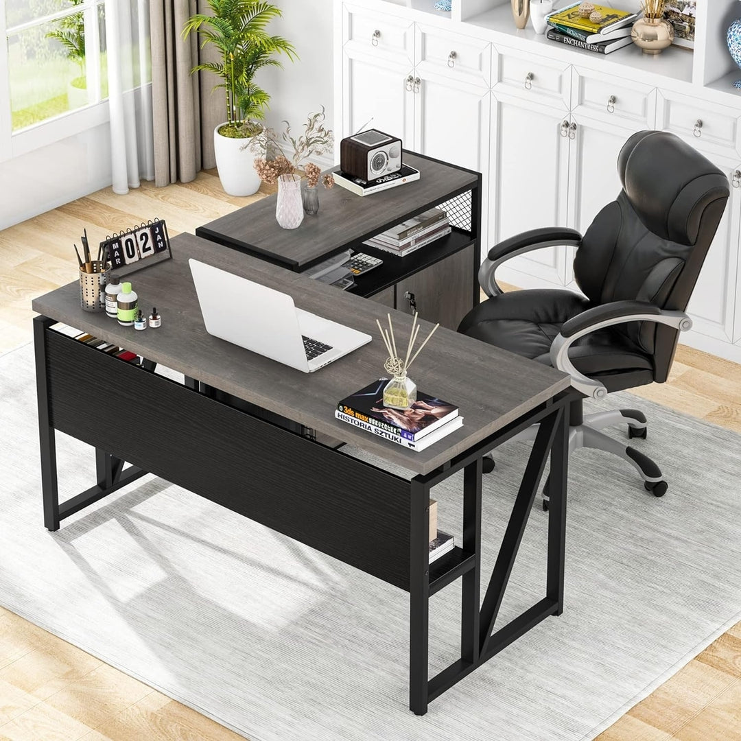 Tribesigns 55" L Shaped Office Desk with Cabinet Drawers and Storage Shelves Image 1