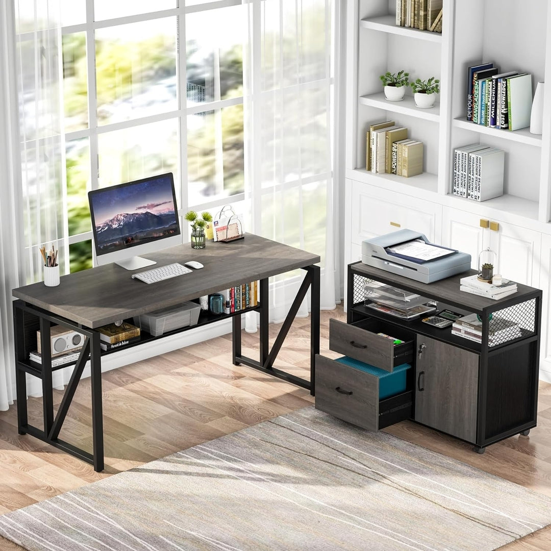 Tribesigns 55" L Shaped Office Desk with Cabinet Drawers and Storage Shelves Image 2