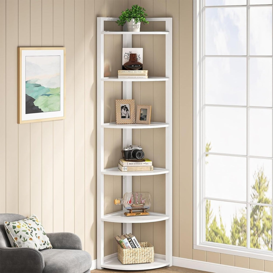 Tribesigns 6 Tier Corner Shelf Rustic Metal Frame Tall Storage Rack Bookcase 71" Image 1