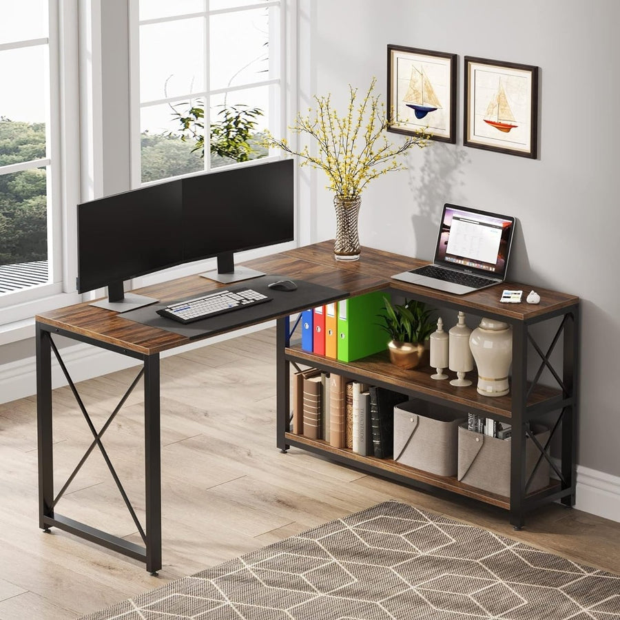 Tribesigns 52.75" L-Shaped Computer Desk with Reversible Storage Shelves, Industrial Corner Desk Writing Study Table Image 1