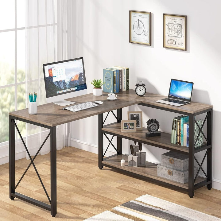 Tribesigns 52.75" L-Shaped Computer Desk with Reversible Storage Shelves, Industrial Corner Desk Writing Study Table Image 1