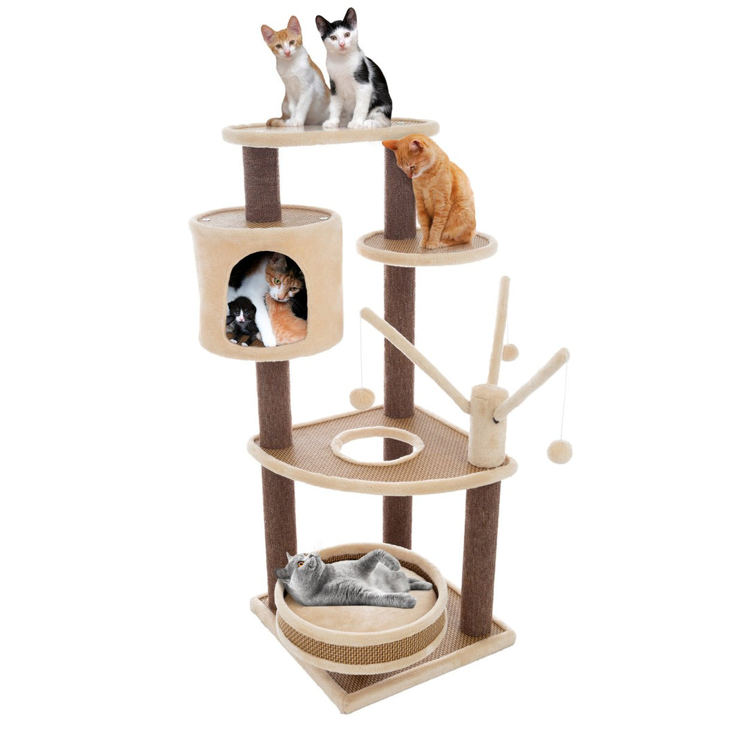 6-Tier Cat Tower Cushioned Pet Bed Kitty Condo with Perches and Play Balls Brown Beige Image 1