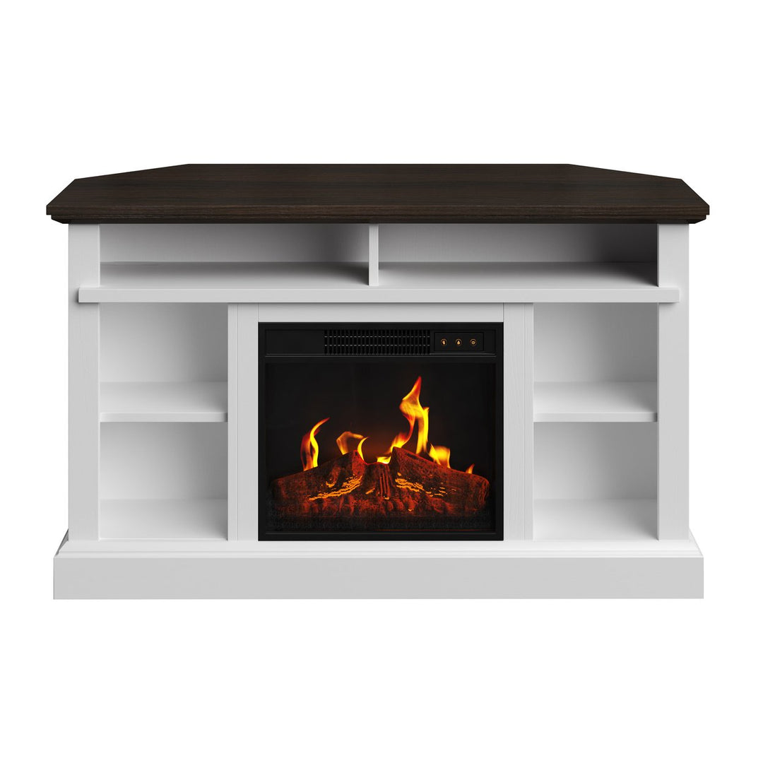 White Corner TV Stand with Electric Fireplace for 55-Inch TVs Modern Design Image 1