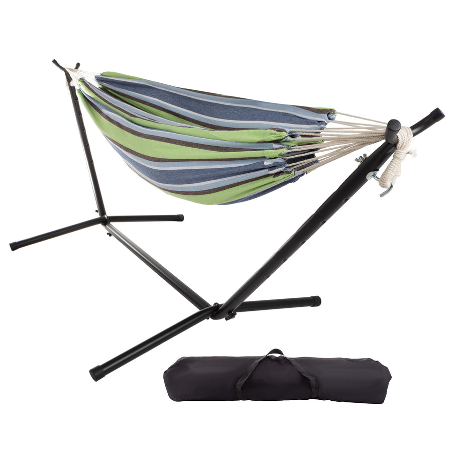 Double Hammock with Stand Carry Case Extra Wide 400 Pounds Blue Lime Stripes Image 1