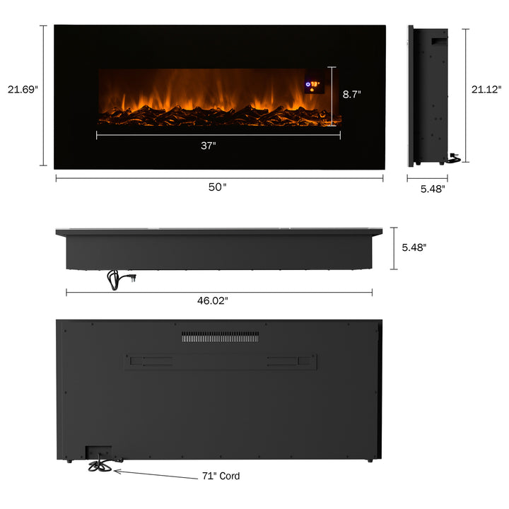 Electric Wall Fireplace Remote Control Black 50 Inch Tempered Glass Heater Image 2