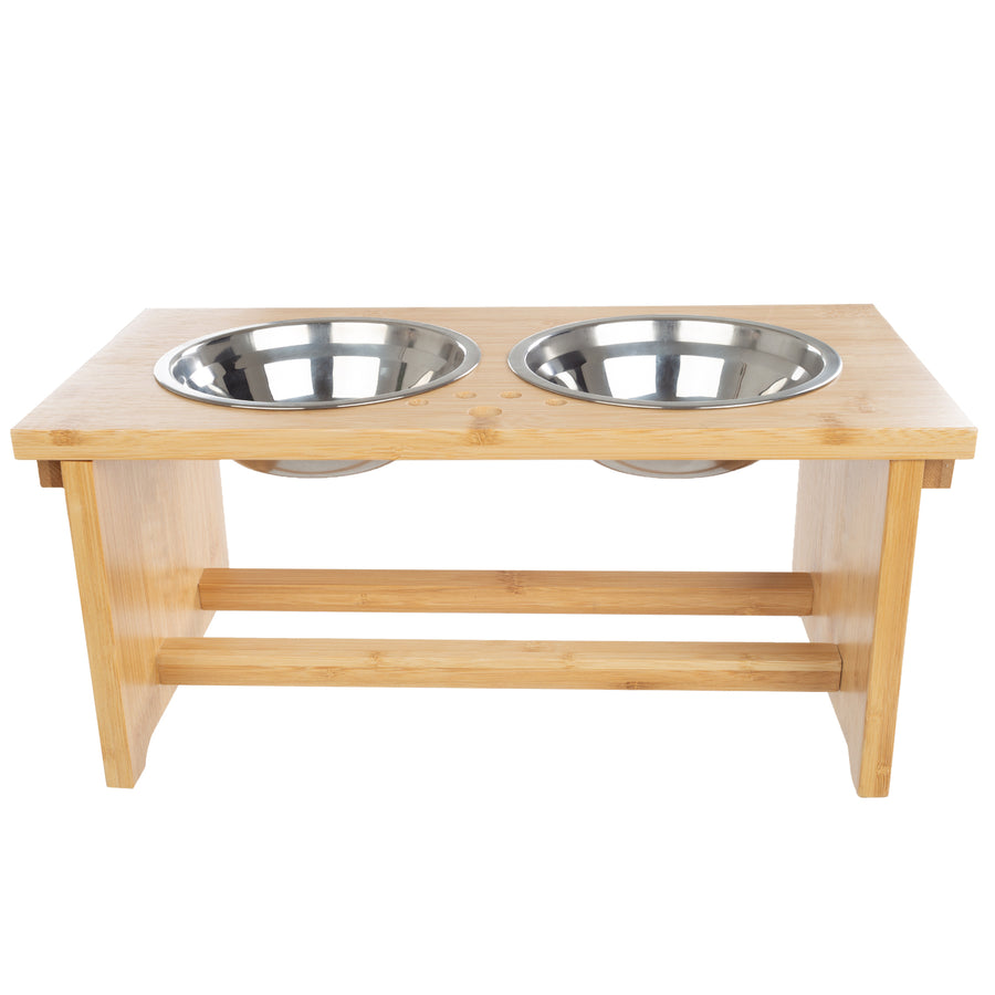 Bamboo Elevated Dog Bowl Stand 7in with 2 Stainless Steel Bowls 20oz Natural Image 1