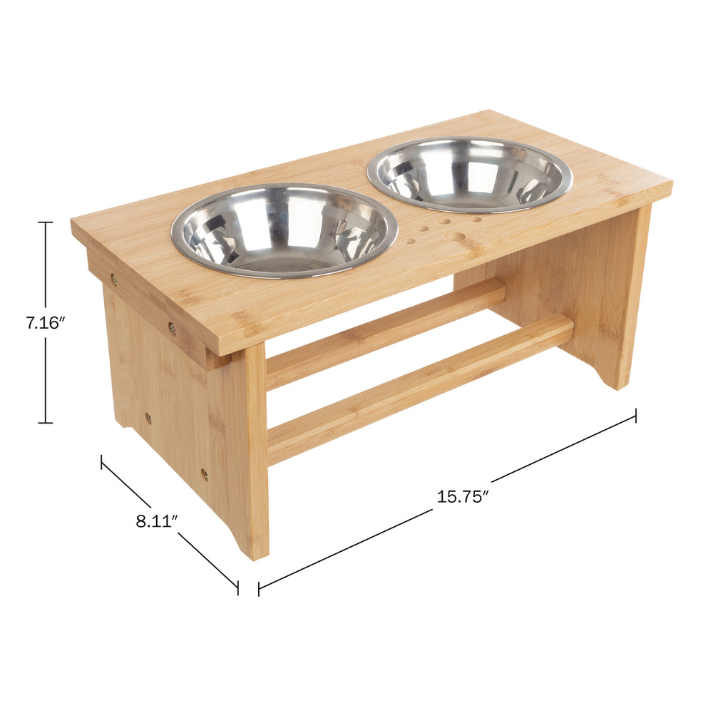 Bamboo Elevated Dog Bowl Stand 7in with 2 Stainless Steel Bowls 20oz Natural Image 2