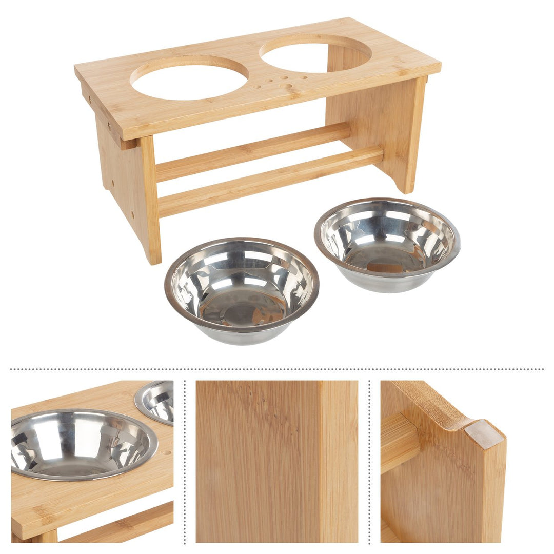 Bamboo Elevated Dog Bowl Stand 7in with 2 Stainless Steel Bowls 20oz Natural Image 3