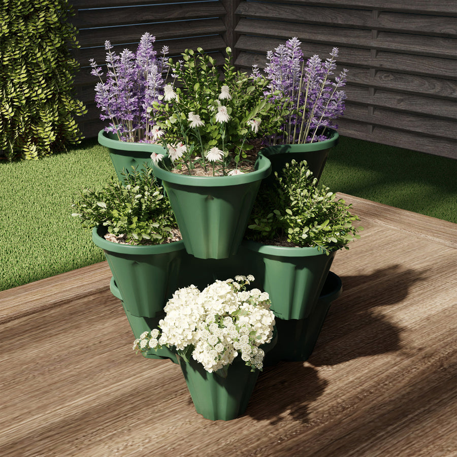 Green 3 Tier Vertical Plant Tower Indoor Outdoor Flower Pot Stackable Garden Image 1