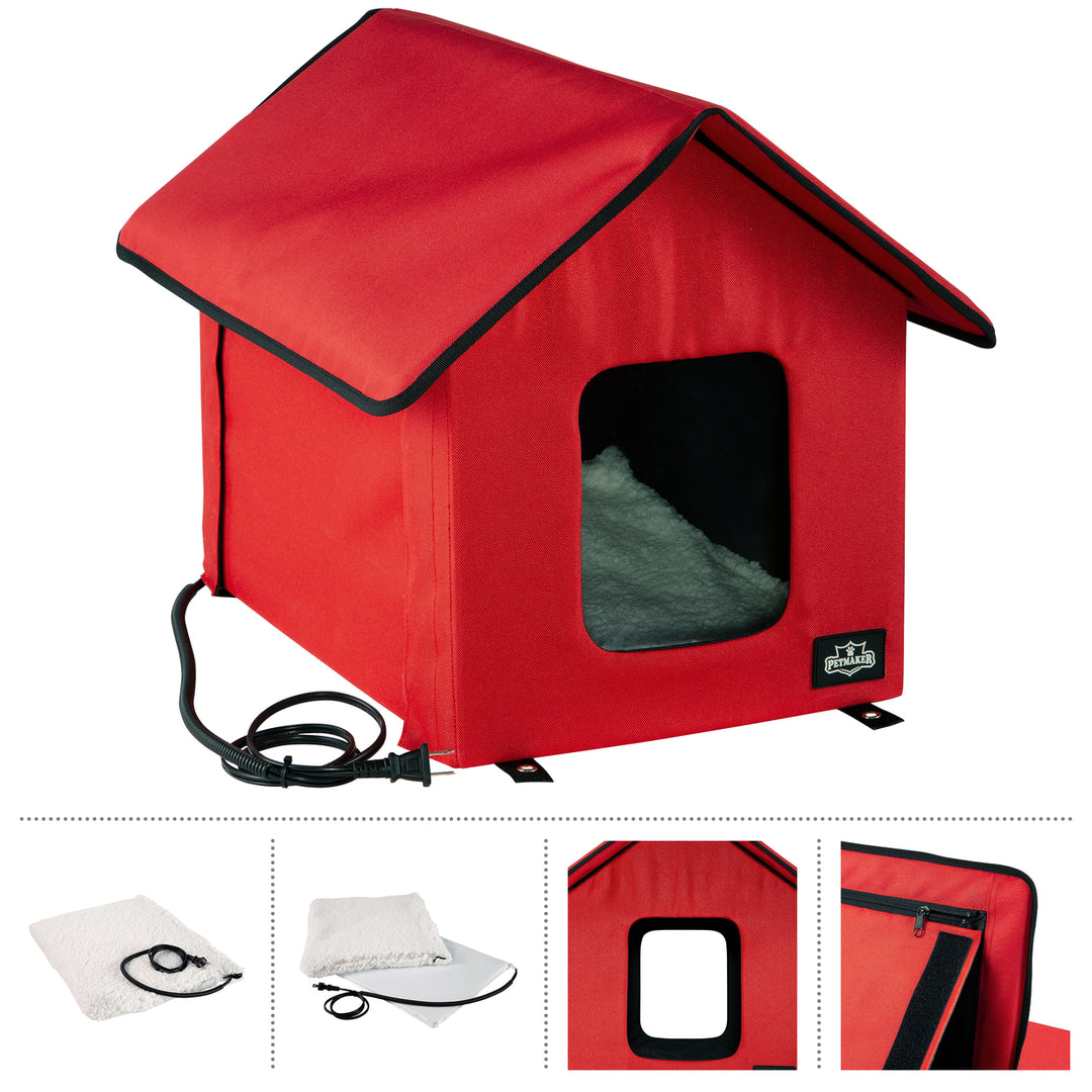 Heated Covered Cat House Shelter Electric Cord 2 Door Heating Pad Indoor Outdoor Image 3