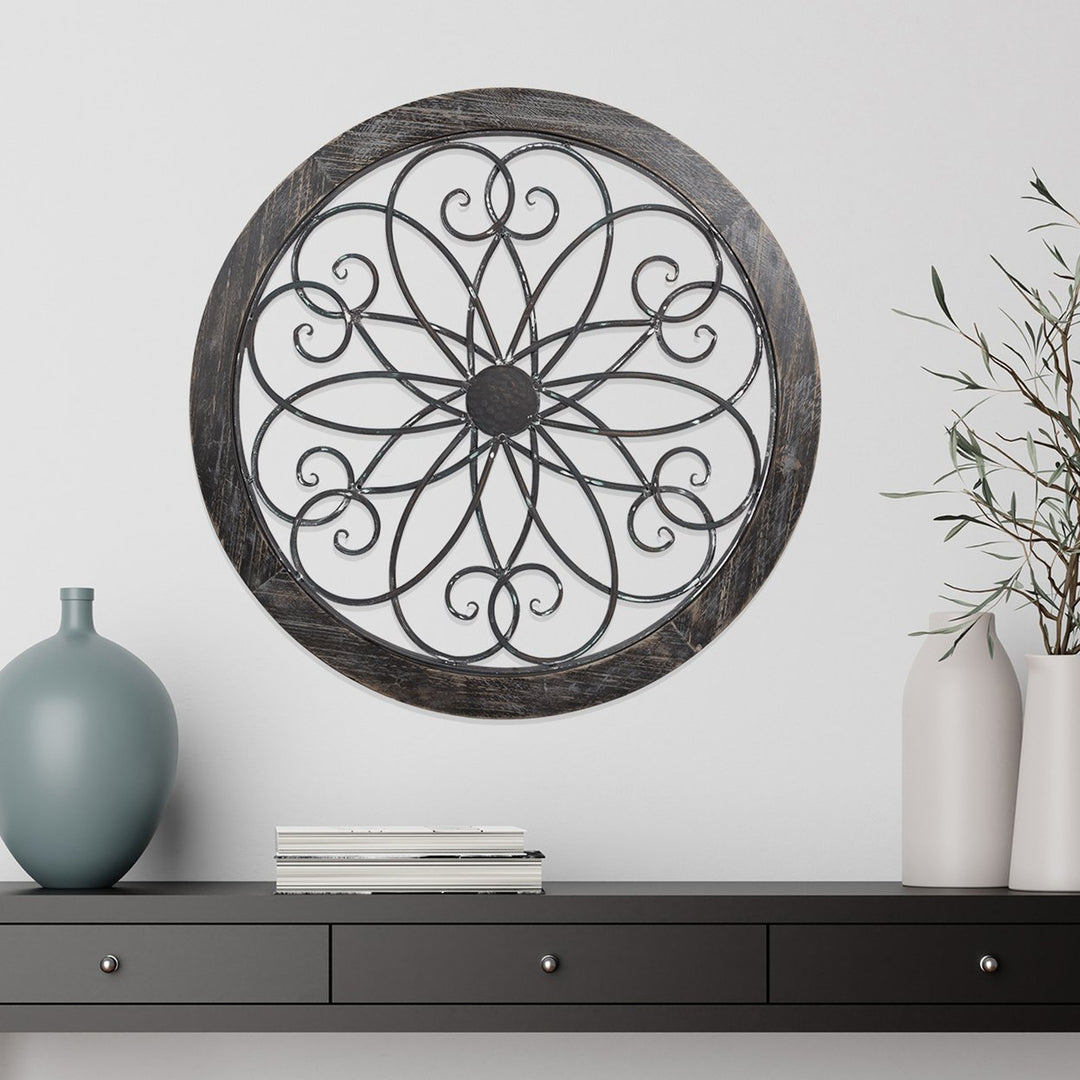 Medallion Metal Wall Art- 24 Inch Round Iron Scrollwork, Flower and Wood Image 1