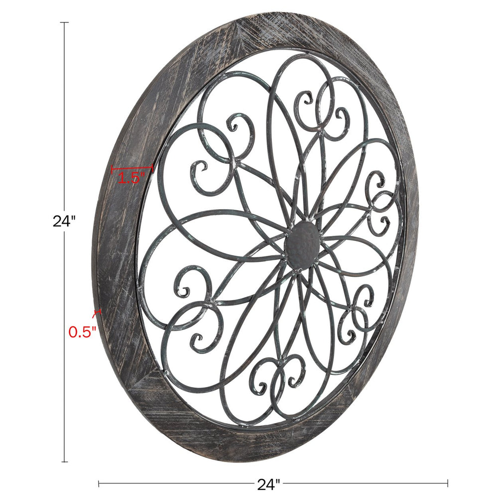 Medallion Metal Wall Art- 24 Inch Round Iron Scrollwork, Flower and Wood Image 2