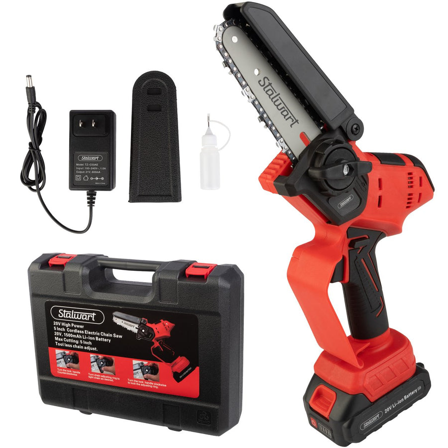 Stalwart Mini Chainsaw 5in Electric Saw 20V Lithium Ion Battery Red Black Case Image 1