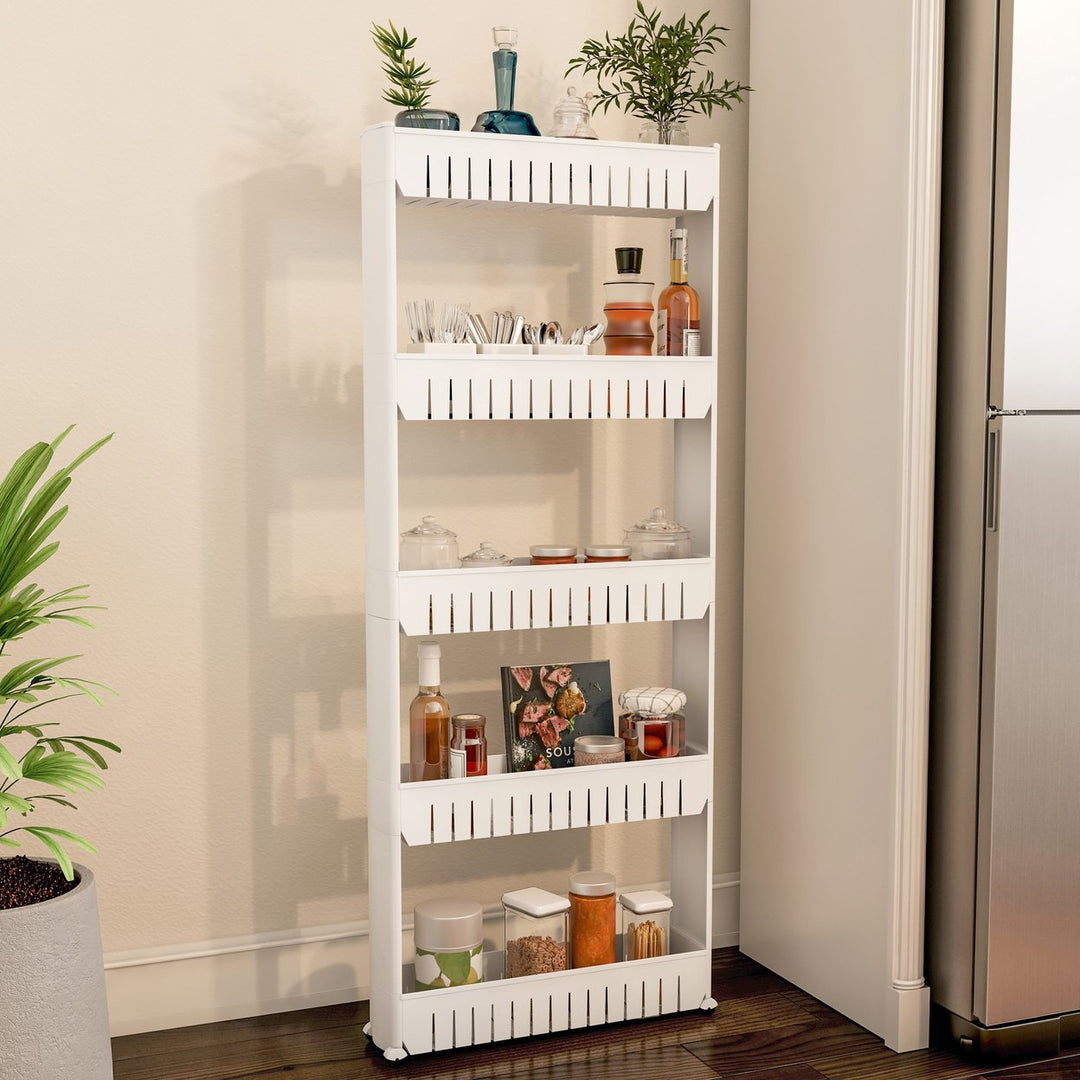 Mobile Shelving Unit Organizer White 5 Storage Baskets on Wheels 21.5 x 5 x 52 Image 1