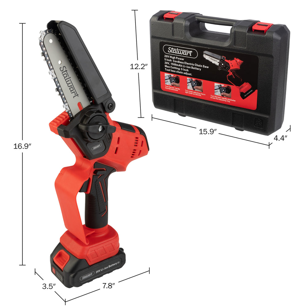 Stalwart Mini Chainsaw 5in Electric Saw 20V Lithium Ion Battery Red Black Case Image 2