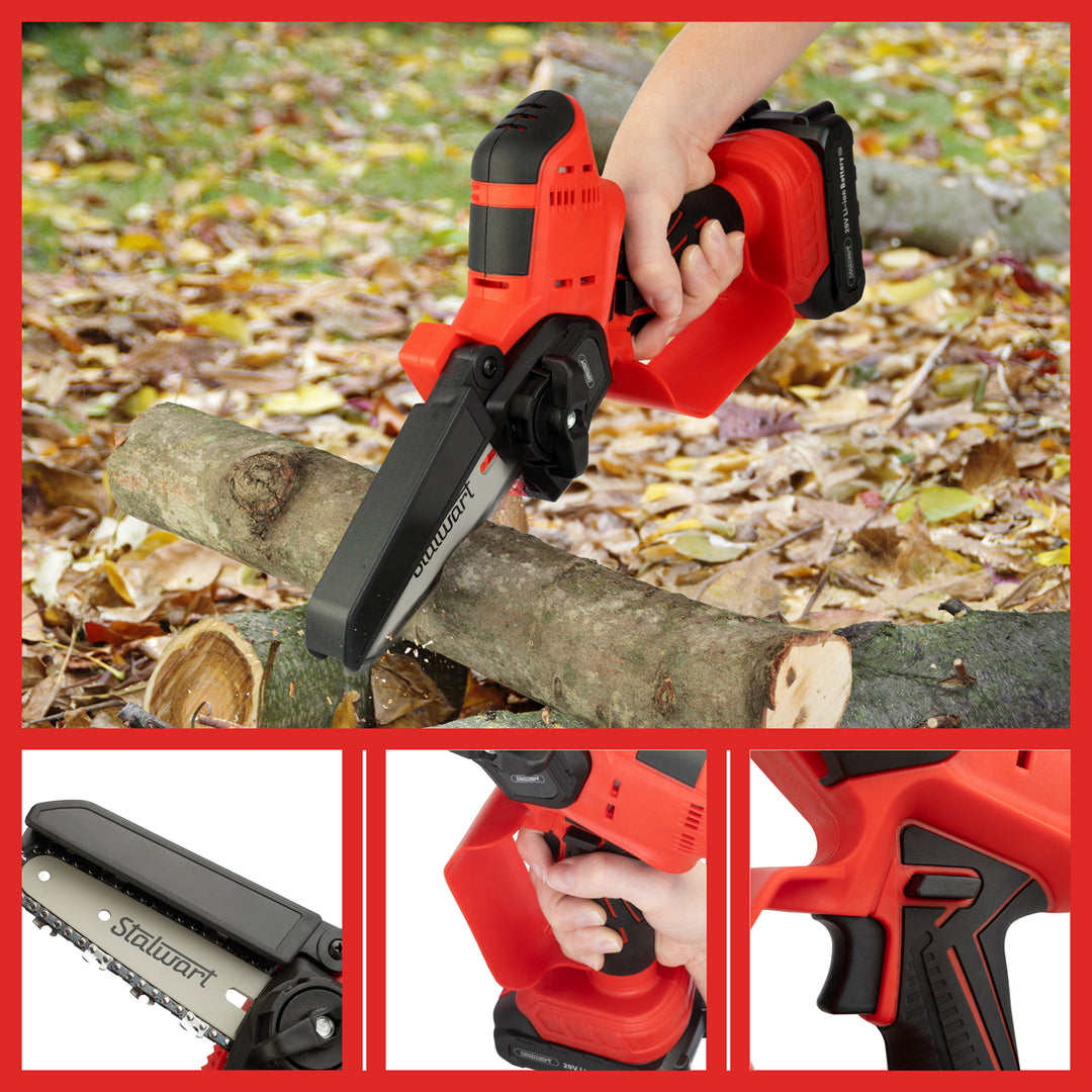 Stalwart Mini Chainsaw 5in Electric Saw 20V Lithium Ion Battery Red Black Case Image 3