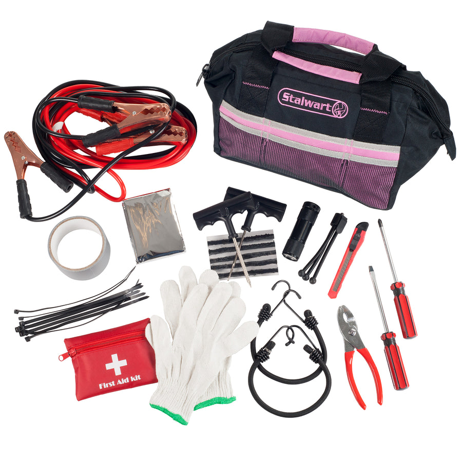 Pink Emergency Roadside Kit Jumper Cables Blanket Tools Trunk Car Safety Image 1