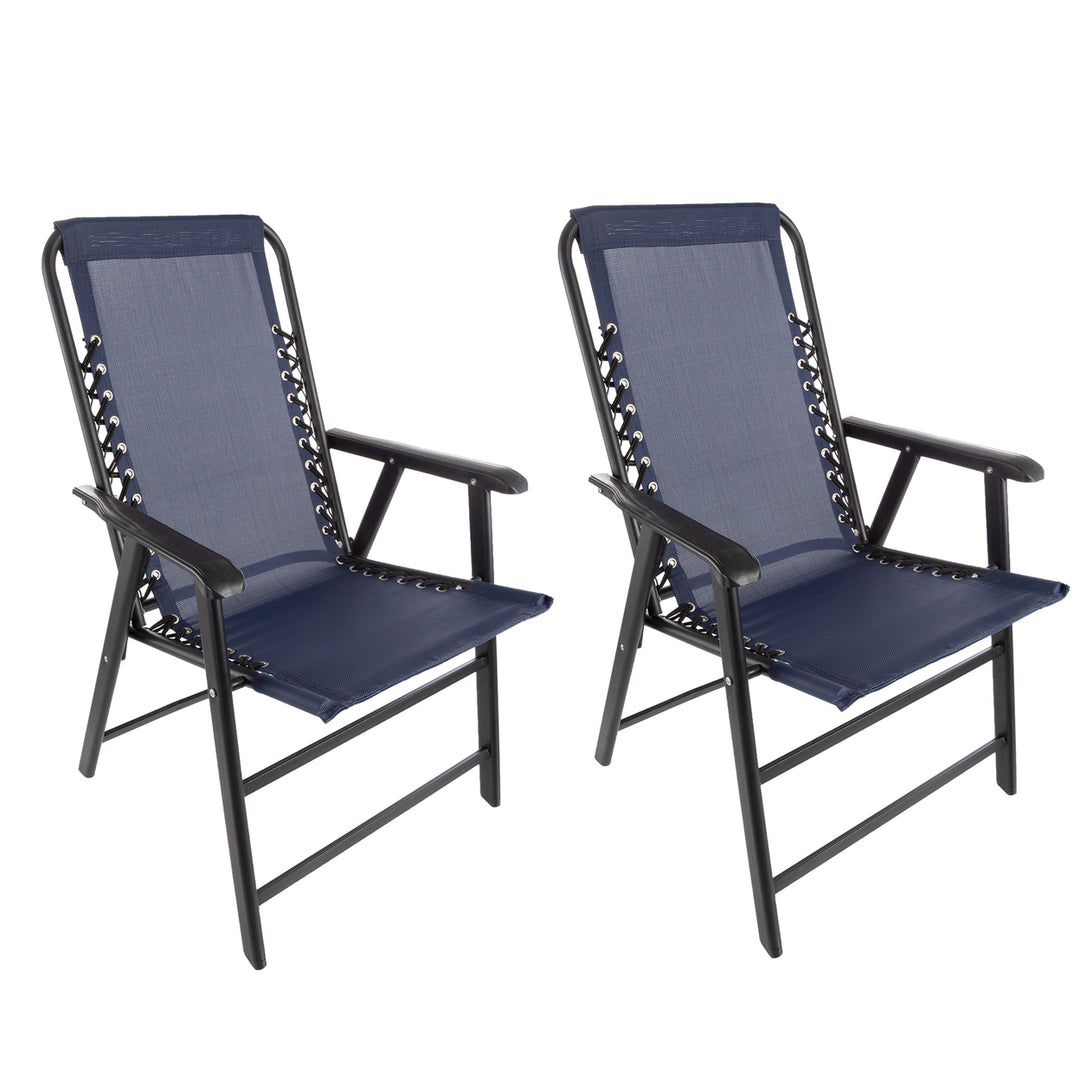 Set of 2 Navy Folding Camping Chairs Textilene Bungee Suspension Portable Lounge Image 1