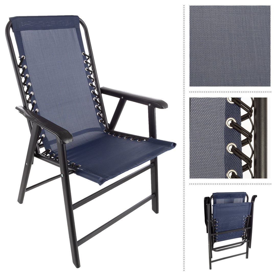 Set of 2 Navy Folding Camping Chairs Textilene Bungee Suspension Portable Lounge Image 3