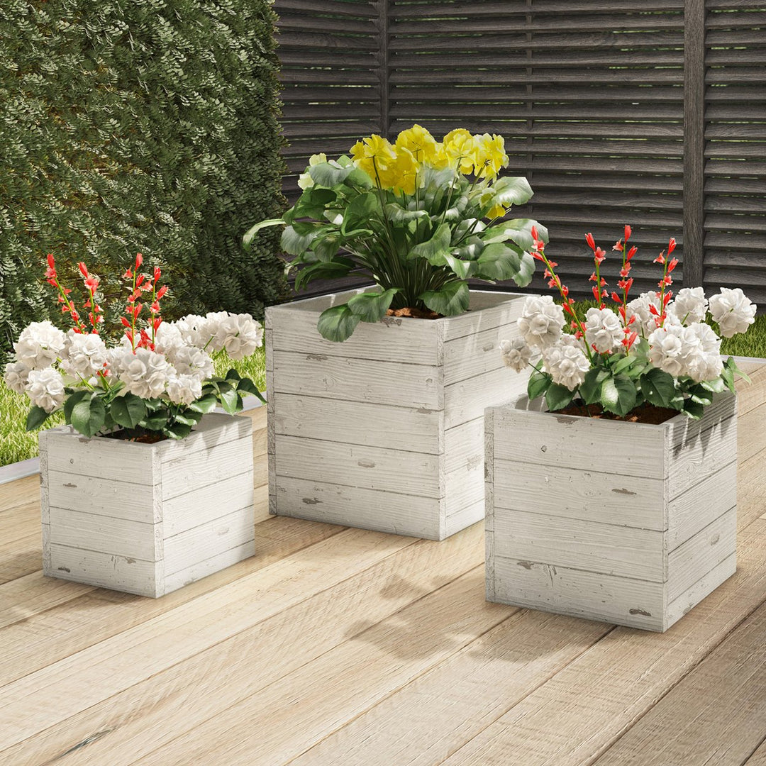 Square Fiber Clay Planter Set 3-Piece Varying Height Rustic Wood Look Pots Image 1