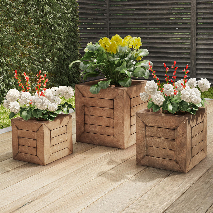 Square Fiber Clay Planter Set 3-Piece Varying Height Rustic Wood Look Image 1