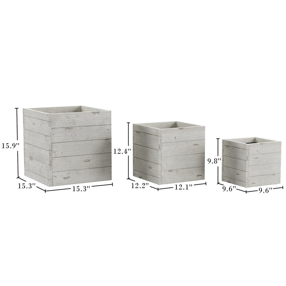 Square Fiber Clay Planter Set 3-Piece Varying Height Rustic Wood Look Pots Image 2