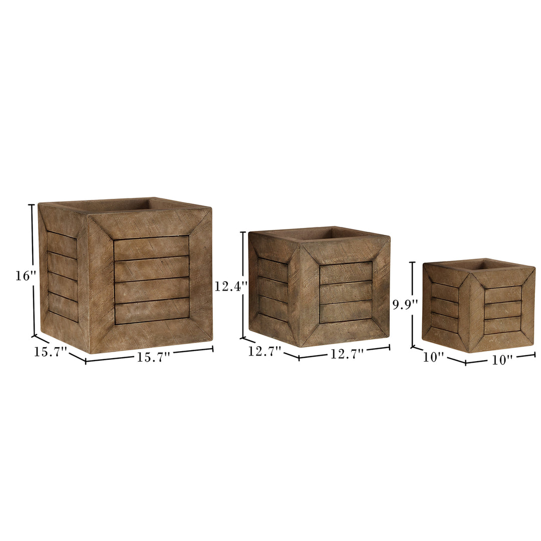 Square Fiber Clay Planter Set 3-Piece Varying Height Rustic Wood Look Image 2