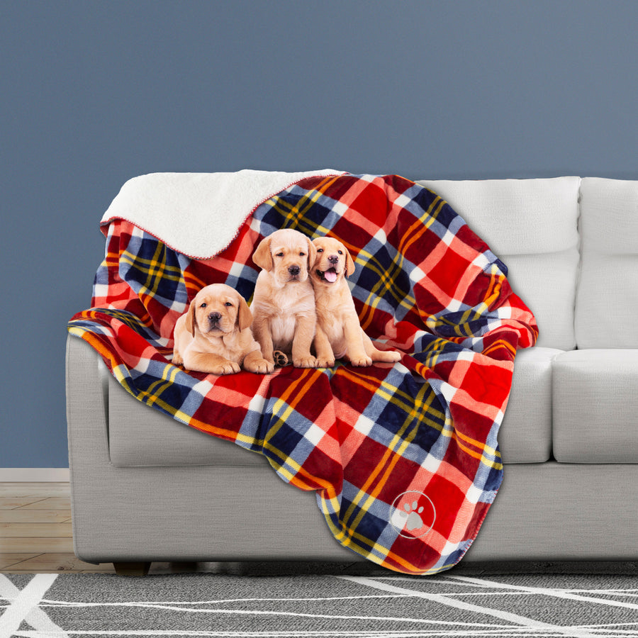 Waterproof Pet Blanket Plaid Throw Protects Couch, Car, Bed 50 x 60 Red Image 1