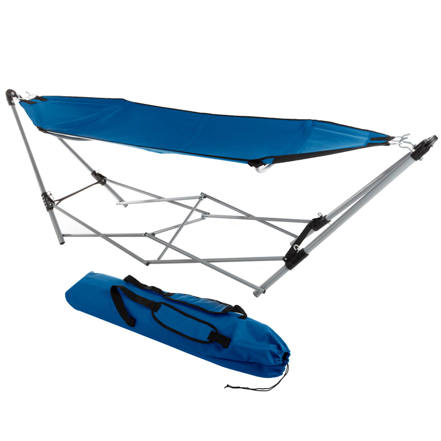 Portable Hammock with Stand Blue Lightweight Canvas Travel Backpack Bag 250lb Capacity Image 1