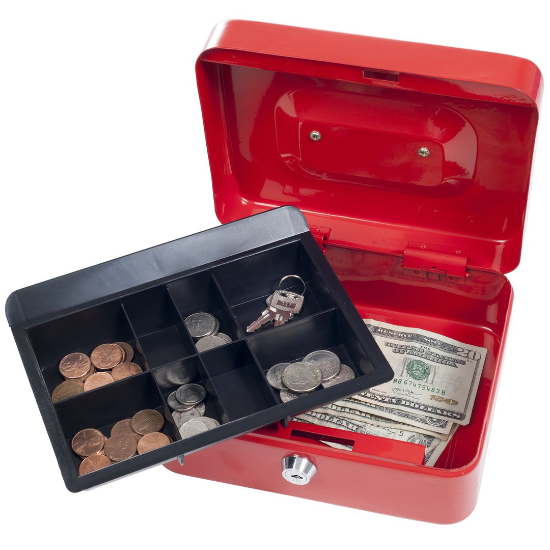 Lockbox Safe with Coin Compartment Tray- Secure Coated Metal Cash Box Safe, Red Image 1