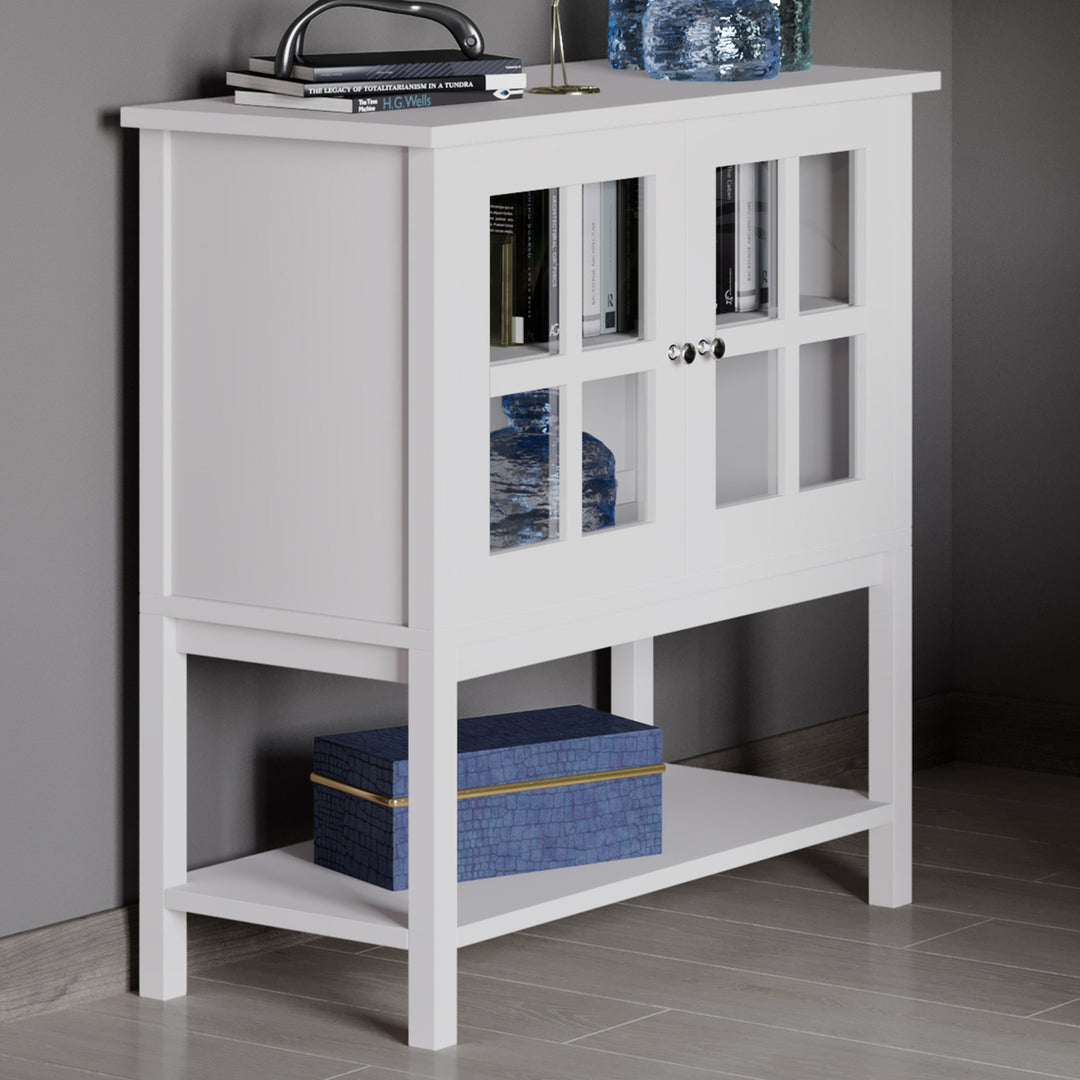 White Console Table with Open Shelf Glass Storage Cabinet for Home Organizing Image 1