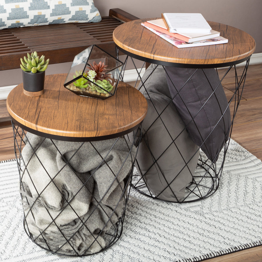 End Table with Storage 2 Set Round Nesting Tables Farmhouse Side Table Image 1