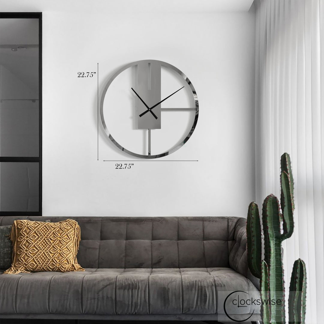 Modern Silver Metal Round Wall Clock 22.75 Inch Mirror Face Decorative Timepiece Image 2