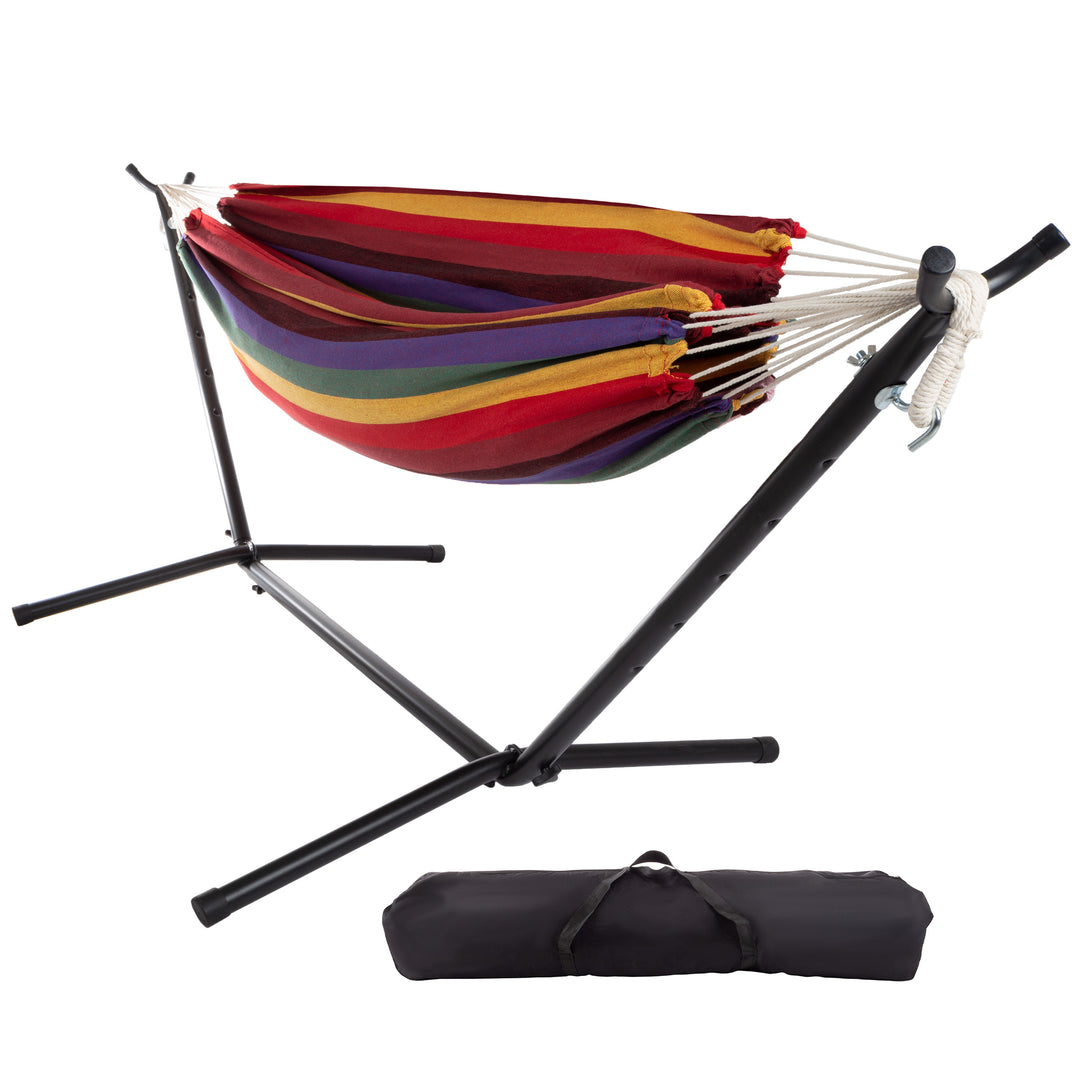 Double Hammock with Stand Carry Case Extra Wide 400 Pounds Blue Lime Stripes Image 2