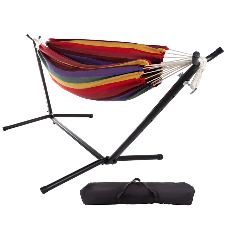 Double Hammock with Stand Carry Case Extra Wide 400 Pounds Blue Lime Stripes Image 1