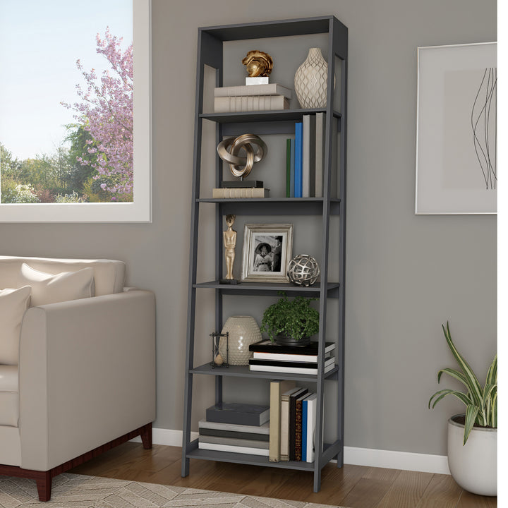 5-Tier Ladder Bookshelf - Freestanding Wooden Bookcase Decorative Shelves Image 3