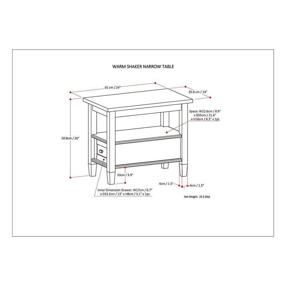 Simpli Home Warm Shaker Narrow End Table Solid Wood 24x14x20 with Drawer and Shelf Image 10