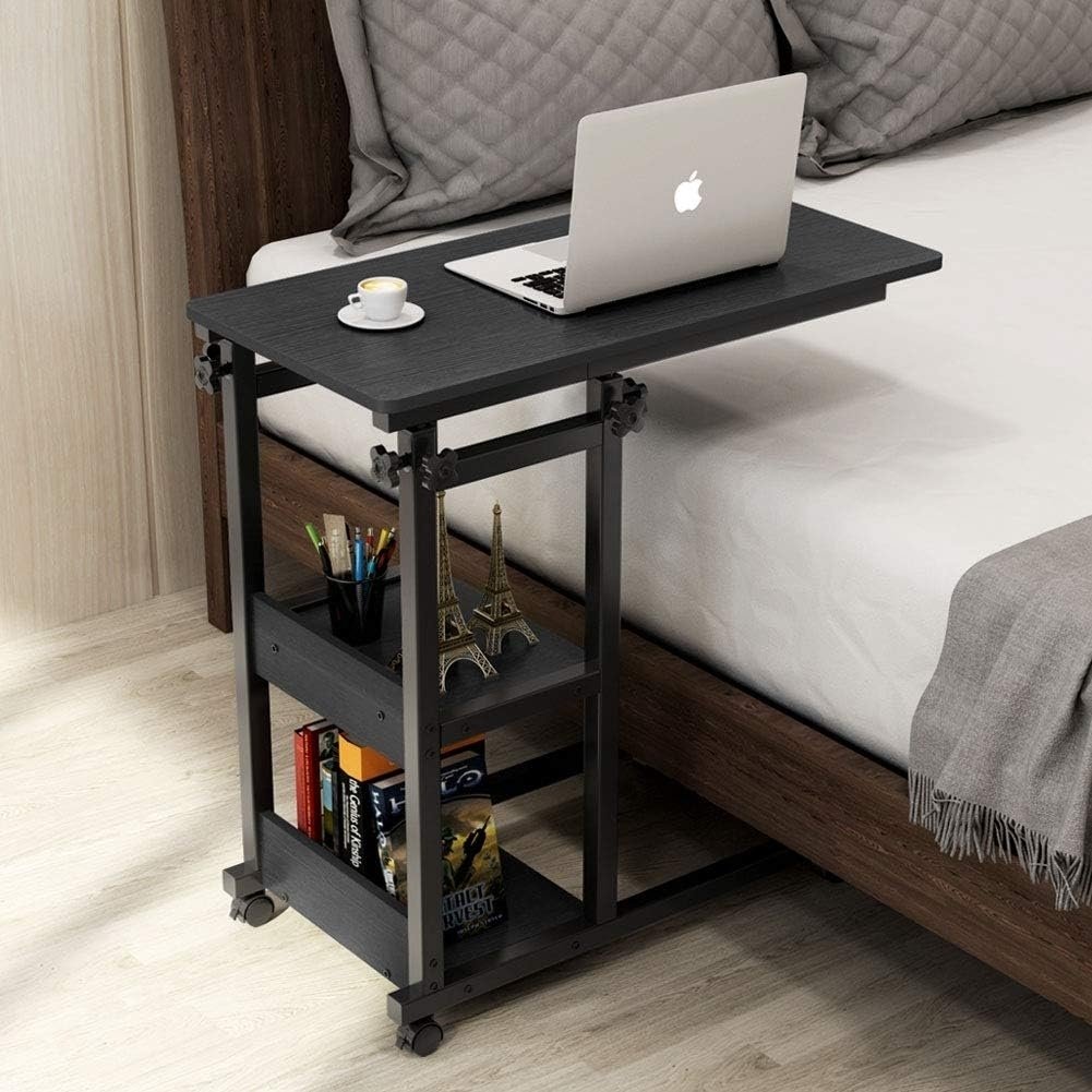 Tribesigns Snack Side Table, Mobile End Table Height Adjustable Bedside Table Laptop Rolling Cart C Shaped TV Tray with Image 1