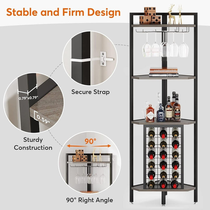 Tribesigns Corner Wine Rack Industrial Freestanding 4 Tier with Glass Holder and Shelves Image 6