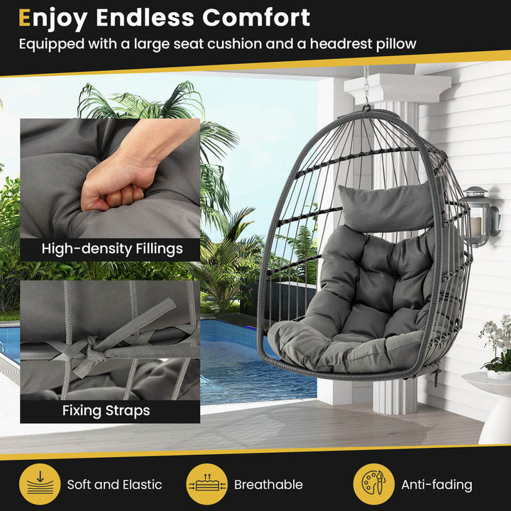 Hanging Egg Chair Wicker Swing Hammock Chair w/ Head Pillow and Seat Cushion Gray Image 3