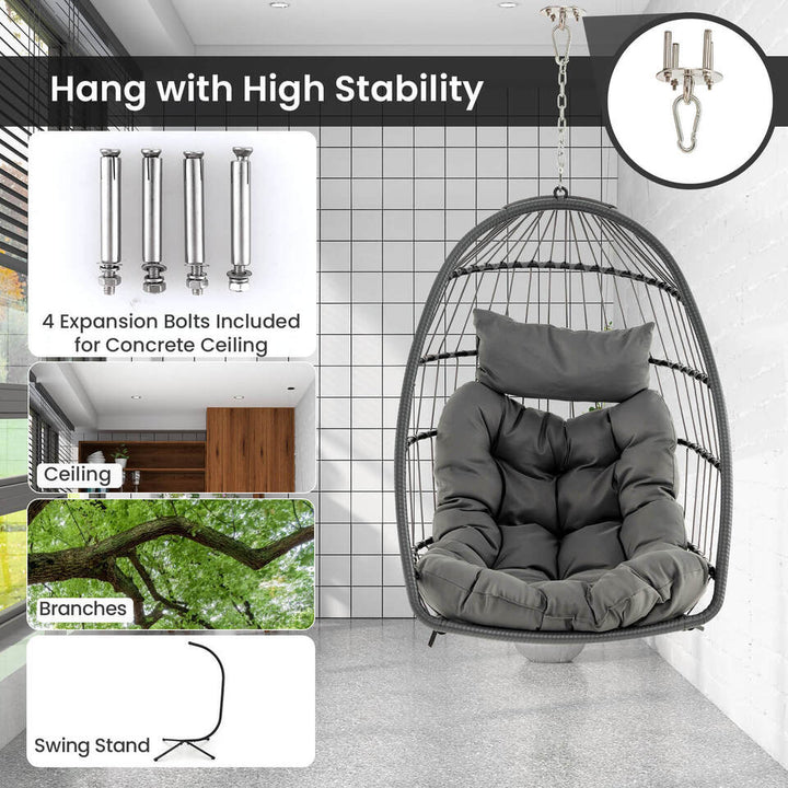 Hanging Egg Chair Wicker Swing Hammock Chair w/ Head Pillow and Seat Cushion Gray Image 4