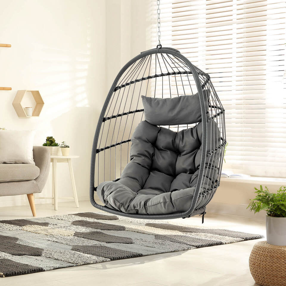 Hanging Egg Chair Wicker Swing Hammock Chair w/ Head Pillow and Seat Cushion Gray Image 6