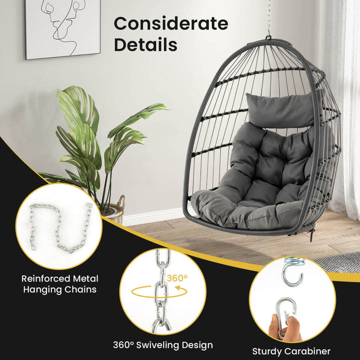 Hanging Egg Chair Wicker Swing Hammock Chair w/ Head Pillow and Seat Cushion Gray Image 7