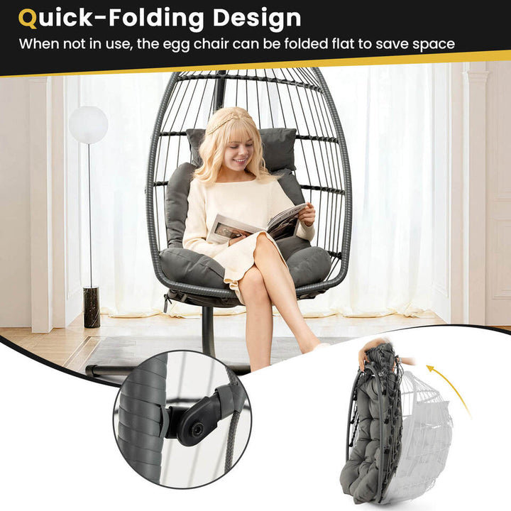 Hanging Egg Chair Wicker Swing Hammock Chair w/ Head Pillow and Seat Cushion Gray Image 8