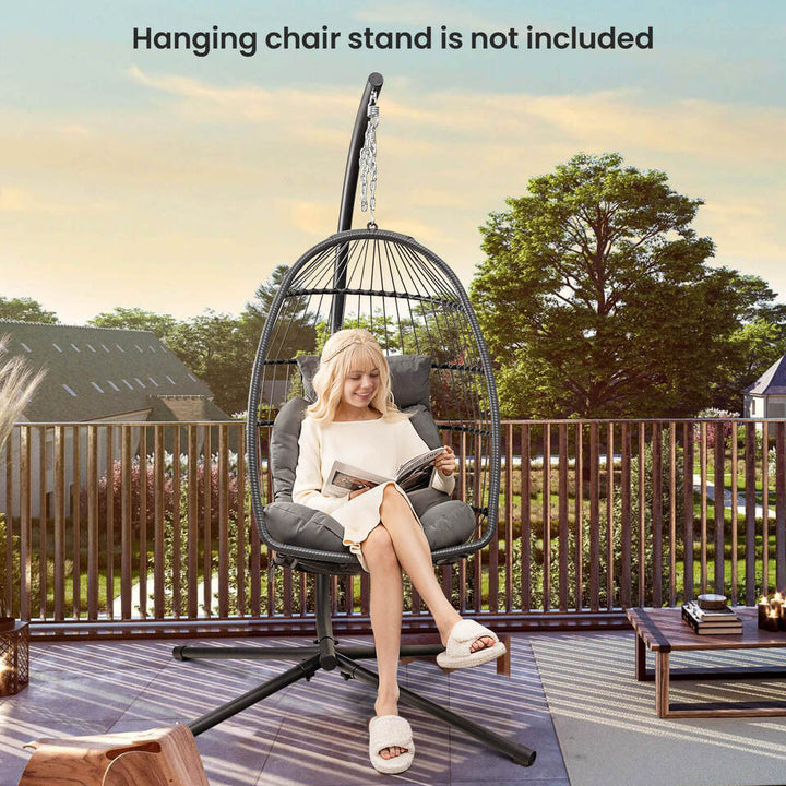 Hanging Egg Chair Wicker Swing Hammock Chair w/ Head Pillow and Seat Cushion Gray Image 9