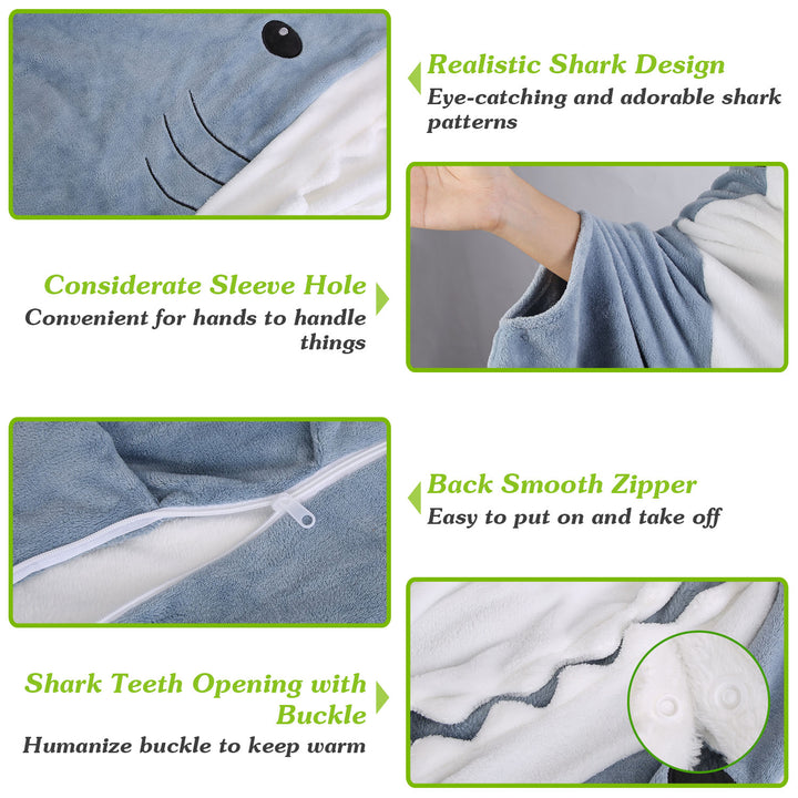 1Pc Wearable Shark Sleeping Bag Shark Onesie Soft Comfortable Flannel Blanket With Zipper Image 5