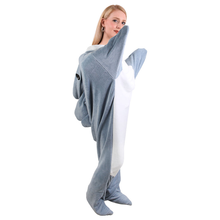 1Pc Wearable Shark Sleeping Bag Shark Onesie Soft Comfortable Flannel Blanket With Zipper Image 9