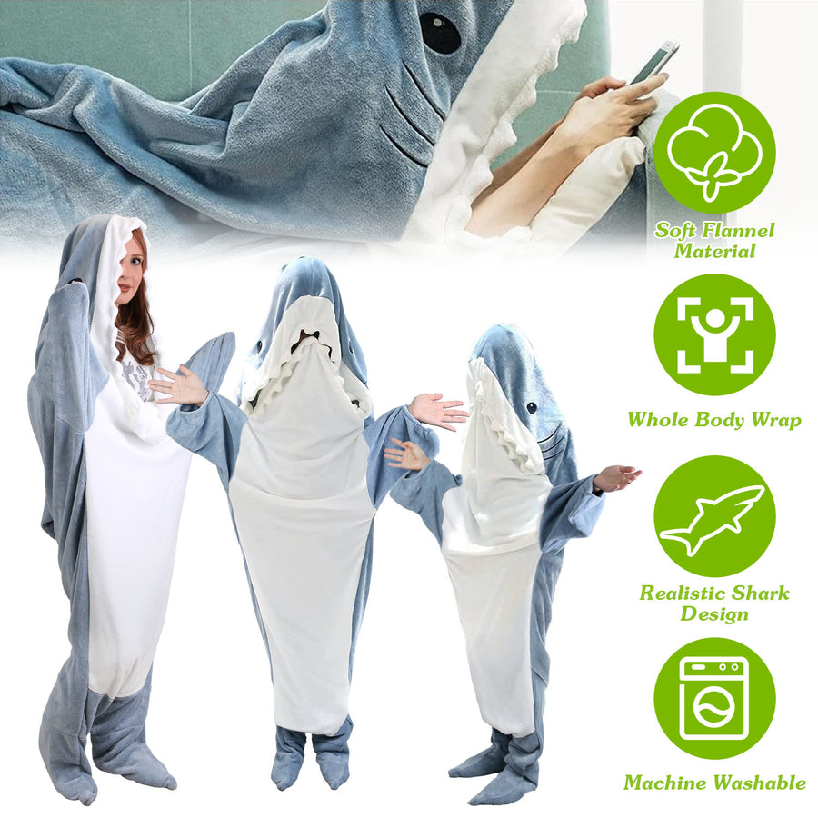 1Pc Wearable Shark Sleeping Bag Shark Onesie Soft Comfortable Flannel Blanket With Zipper Image 1